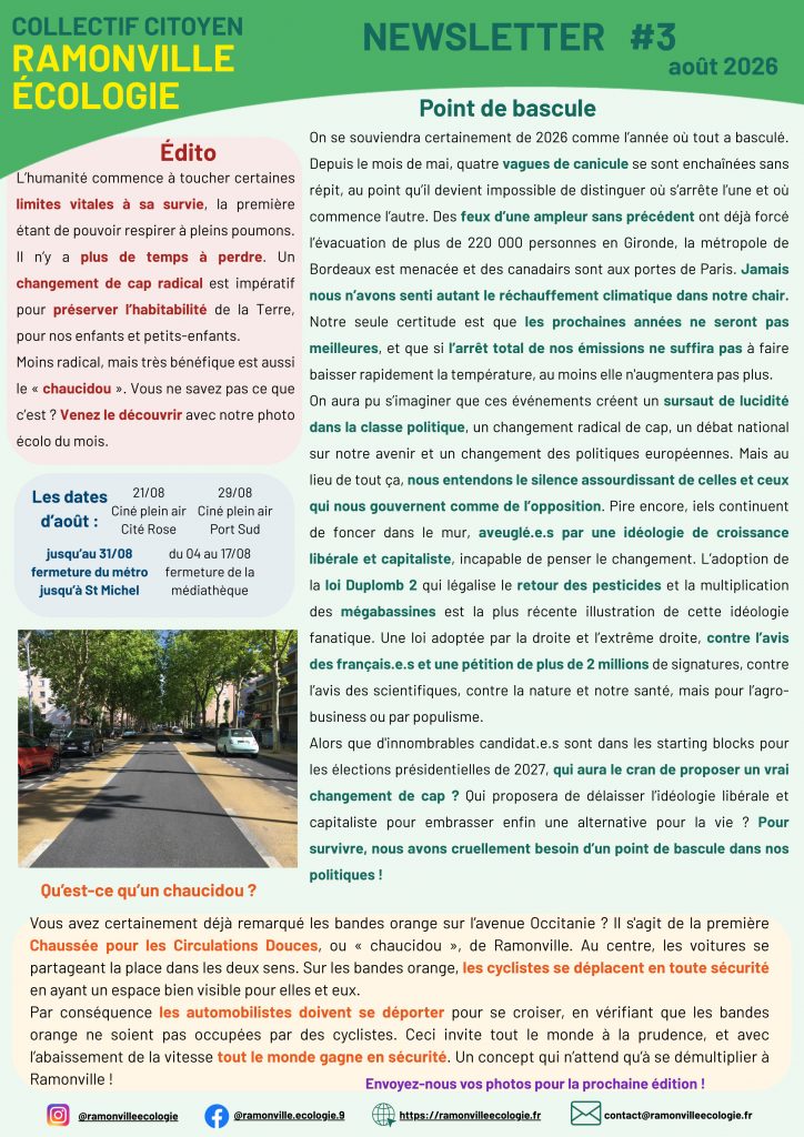 newsletter de Ramonville Écologie Août 2026